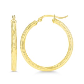 Solid 14K Yellow Gold Polished Diamond Cut Hoop Earrings for Women | 3mm Thick Classic Diamond Cut Hoops Style, 3x30mm