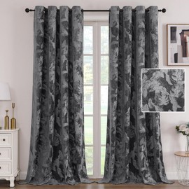 H.VERSAILTEX Velvet Curtains 84 Inches Length Room Darkening Leaf Pattern Velvet Curtains for Living Room Thermal Insulated Grommet Window Curtains for Bedroom, 52Wx 84L, 2 Panels, Dark Gray