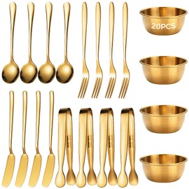20 Pcs Charcuterie Board Serving Set, Gold Stainless Steel Flatware for Parties Picnics Barbecues, Includes Spoons Forks Butter Knives Clips Bowls