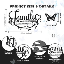 Jiusely Family Wall Decor Black Metal Wall Art Decor, Where Life Begins Love Never Ends Word Sign Wall Decorations, Butterfly Wall Hanging Sculpture for Living Room Bedroom Kitchen Indoor Outdoor