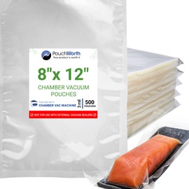 PouchWorth 500 pcs Clear 8" x 12" Quart, 3 mil Chamber Machine Pouches, Pre-Cut Chamber Vacuum Sealer Bags, Heavy Duty Seal Pouch, BPA-Free Chamber Sealer Bags with Tear Notch