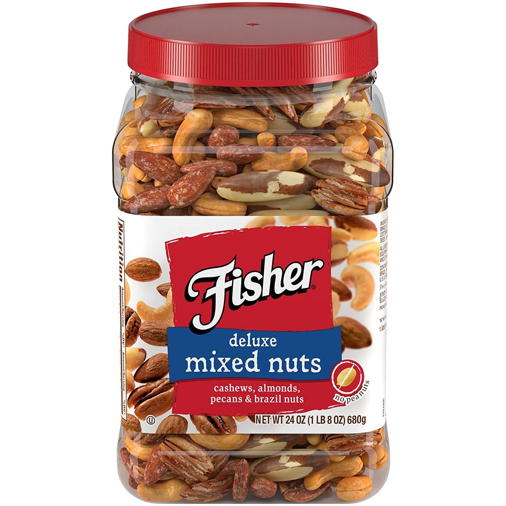 FISHER Snack Deluxe Mixed Nuts, 24 oz, Cashews, Almonds, Pecans, Brazil Nuts, No Peanuts, Naturally gluten free