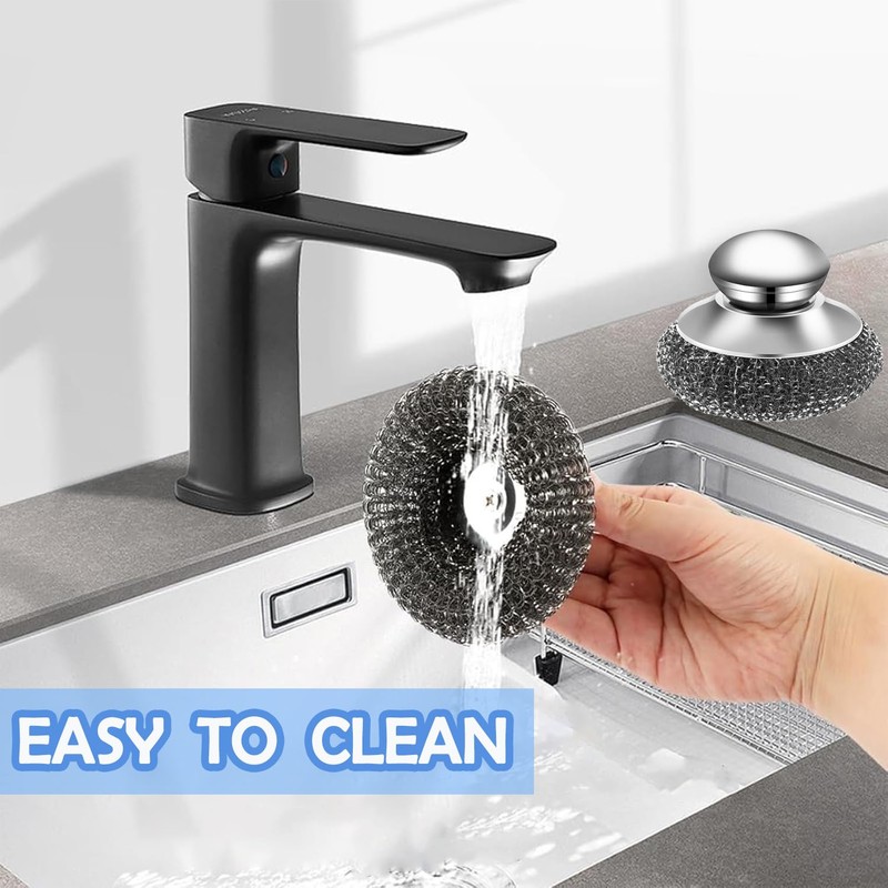 2Pack Stainless Steel Wool Scrubber with Handle, Scrubbing Scouring Brush