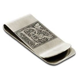 Stainless Steel Letter R Initial Floral Box Monogram Engraved Money Clip Credit Card Holder