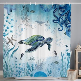 ASDCXZ Maritime Shower Curtain, 180 x 200 cm, Blue Sea Creatures, Turtle, Hippocampus, Octopus, Nautical Bathroom, Washable Shower Curtains, Polyester Textile, Waterproof Bath Curtain for Bathtub with