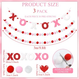 QOUBAI 3pcs Valentine's Day Garland Felt Ball Garland 10ft Pompom Garland Valentine Decorations XOXO Felt Ball Banner for Mantle Fireplace Room Valentine's Day Anniversary Engagement Party Supplies