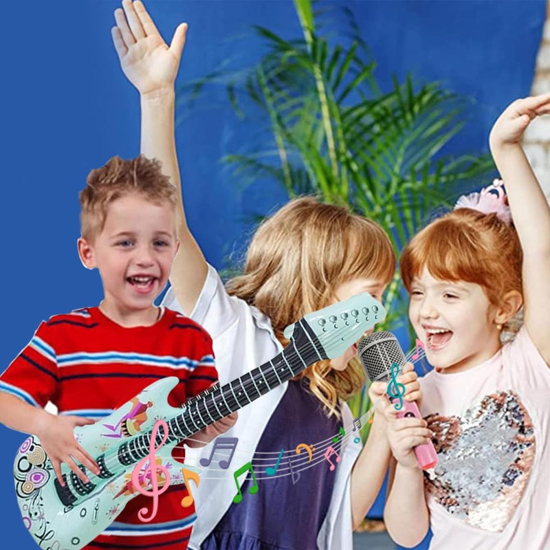 EWRGIJ Inflatable Guitar & Microphone, 16pc Party Props, Blue &