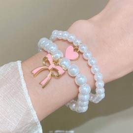 Gold Bow Beaded Pearl Bracelets Stack for Women Trendy, Charm Enamel Bow Knot Heart Non Tarnish Bracelet Dainty Bead Ball Stretch Link Jewelry Gifts (Pink)