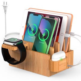 Pezin & Hulin Bamboo Charging Station for Multiple Devices with 5 Port USB Charger, 5 Cables, Watch&Earbuds Stand, Electronic Device Desktop Organizer for Cellphone, Tablet, Watch, Earbuds