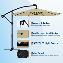 10FT Solar Lights Cantilever Umbrella outdoor patio, Offset Patio Umbrella with Easy Lift & Tilt Adjustment, UV Protection Fade Resistant for Deck, Pool, Garden, Beige