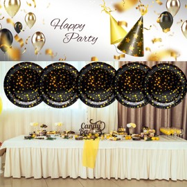 CEILIWEN Party Plates, Black Gold, Disposable Paper Plates, Round, 9 Inch Black Gold Plates, Birthday Disposable Plates, Black Gold Paper Plates, Stars, Pack of 50