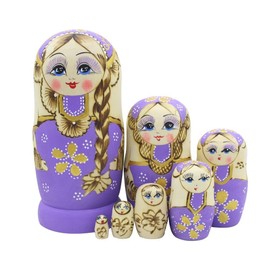 Set von 7 Zopf Mädchen Stapeln Spielzeug Russischen Puppe Handgefertigt Spielzeug aus Holz für Kinder Kinderzimmer Decor (Lila)