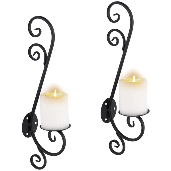 Sziqiqi 2 Pcs Wall Candle Holders for Pillar Tea Light Candles Decorative Candle Sconces Black Metal Wall Mount Decorations with Modern Art Design for Wall Living Room, Bathroom, Dining Room