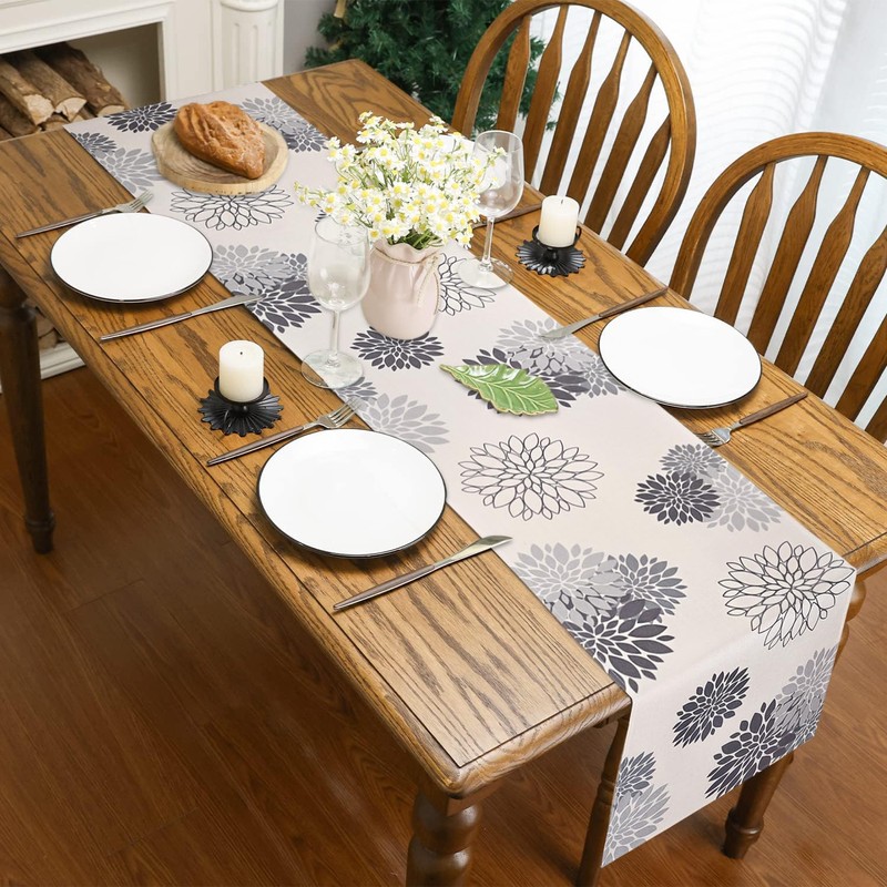 Inhobbok Table Runner Light Grey Dahlia Flower Linen Modern Attractive