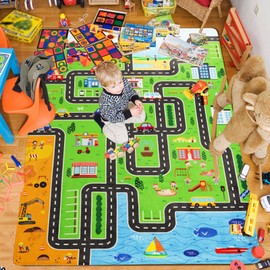 LTKOUGFAM kids Playmat Car Rug, Kids Play Rugs Town City Road Map Rug, Large Educational Kids Car Mat, Boys Kids Car Track Play Rug, Kids Rugs for Playroom Bedroom Living Room (Style 1, 78.7X 59 INCH)