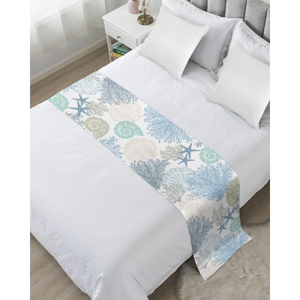 Blue Teal Coral Bed Runners for Queen Size Bed, Bed Throws for Foot of Bed, Summer Beach Starfish Coastal Modern Geometric Bed Runner Sofa Throw Bedding Scarf Protector Slipcover for Bedroom