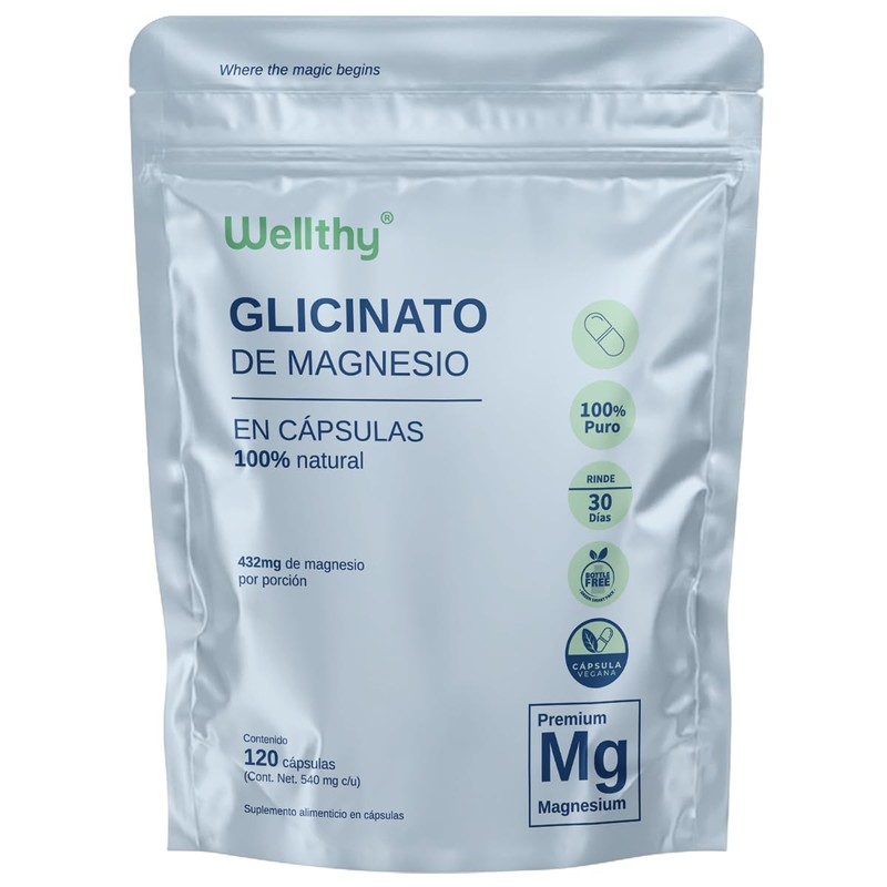 Wellthy Glicinato de Magnesio 120 Cápsulas. 432mg, 100% Natural, Alta