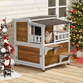 YITAHOME Two Story Outdoor Cat House with Balcony, Large Feral Villa Cat Shelter Weatherproof, 2 Story Outside Cat House for Multiple Cats