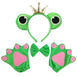 Frog Headband Crown Set, Frog Gloves with Bow Tie, Fancy Dress Headpiece with Frog Eyes and Crown, Frog King Headband Accessory, Crazy Frog Headband for Carnival Fancy Dress