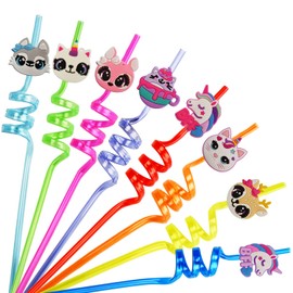 Ynaice 8 Pieces Reusable Drinking Straws Plastic Novelty Straws Safari Jungle Party Straws Zoo Animals Crazy Straws for Adults Kids Wild Birthday Party Favors Decorations Safari Party Supplies