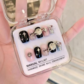 Handmade Press On Nails Middle Long MouyouGlow, Ballerina Black 3D Silver Planet Charms Heart Rhinestone Y2K Coquette Black Love Resuable Fake Nails, Handmade Artificial Fingernails, 10 Pieces, 508-M