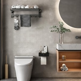 Tofaney Porta Papel de Baño cajón Porta Toallas Aluminio Portarollos Papel Higienico Instalación Sin Taladrar Soporte para Papel Antioxidante Portapapeles de Baño Negro Organizador de Papel