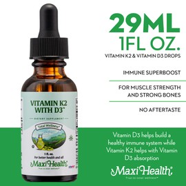 Maxi Health Liquid Vitamin D3 with K2 Drops for Long-Term Health - Vitamin K2 D3 Vitamin Supplement - D3 K2 Vitamin K and Vitamin D Supplement with Vitamin K2 MK-7 and Vit D - by Maxi Health, 1 fl oz