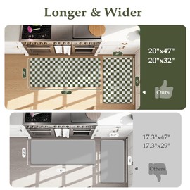 KIMODE Kitchen Mats for Floor Anti Fatigue, Green and White Checkered Kitchen Rugs Sets of 2, Cushioned Kitchen Floor Mats, Comfort Standing Mat for Sink Laundry Office Desk 20"x47"+20"x32"