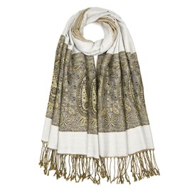 QIUTIMIY Paisley Pashmina Shawls and Wraps for Women Reversible Jacquard Festival Rave Pashmina Scarves with Fringe Vintage(Flower12-White)