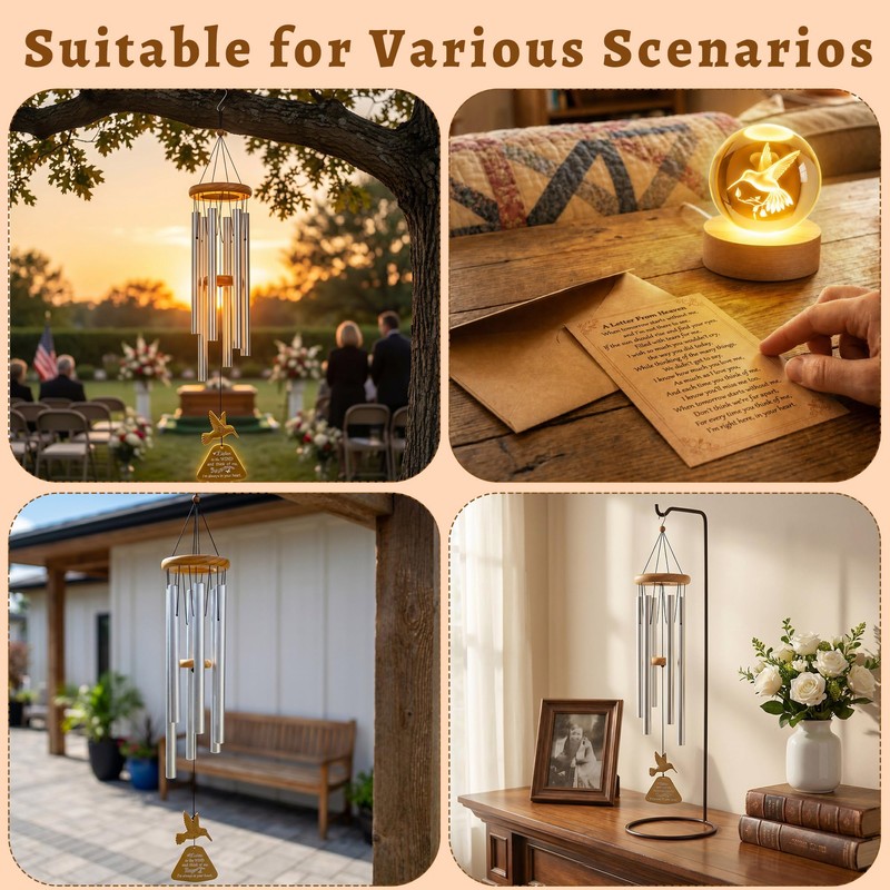 Memorial Wind Chimes with Hummingbird Crystal Ball, Sympathy Wind Chimes