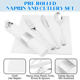Goldclean 50 Pack Pre Rolled Silver Plastic Silverware, Wrapped Cutlery Set Include Forks, Spoons, Knives & Napkins, Disposable Heavy Duty Silverware Set for Party and Wedding