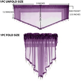 PearAge Beaded Sheer Valance Curtains for Living Room,Rod Pocket Farmhouse Window Valance, Bead Trim Tassel Voile Sheer Curtain Valance for Bedroom Bathroom Cafe 51x24 Inches (Dark Purple) 1PC