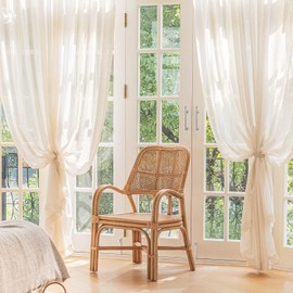 FMFUNCTEX Flax Linen Sheer Curtains 84-inch Long Living Room Vintage Window Panel Drapes for Farmhouse Bedroom Rod Pocket, Natural, 52" Width, 2 Panels