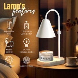 Candle Warmer Lamp with Timer & Adjustable Height – Candle Warming Lamp with Mobile App Control, Dimmable Light & Stylish Wooden Base – Warmer Lamp for Jar Candles, Home Décor & Gift (White)