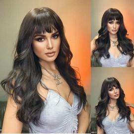 ISHINE Wigs for Women, Long Wavy Curly Colored Wigs with Bangs, Black Brown Synthetic Wigs for Daily Cosplay Party Replacement Wig 24 inches