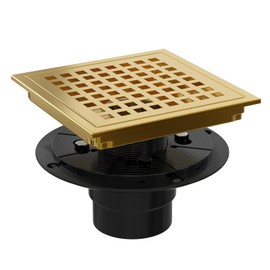 Heaorld Square Shower Drain 6 Inch with Flange, Brushed Gold Tile Shower Floor Drain Kit 304 Stainless Steel, Removable Grid Grate and Hair Catcher