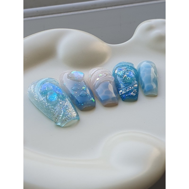 [High Quality Summer Nails] Deep Blue Ocean Handmade Nail Tips