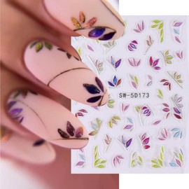 Spring Nail Art Stickers Decals Colored Leaf 5D Embossed Nail Decals 2PCS Shiny Glass Engraved Colorful Leaf Design Nails Adhesive Crystal Stickers Manicure Supply for Women DIY Nail Art Decorations