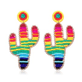 Cinco De Mayo Fiesta Earrings Boho Beaded Cactus Drop Earrings Rhinestone Cactus Earrings Rainbow Beaded Earrings Pride Earrings for Men Jewelry (Cactus)