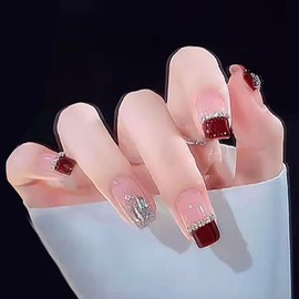 Red Press on Nails Short Square Shape, 24Pcs Coffin Full Cover Reusable False Nails with Rhinestone Designs, Artificial Fingernails Acrylic Fake Nails with Glue, Stick on Nail with Charm for Women