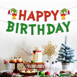 Merry Christmas Birthday Banner, No DIY, Glittery Happy Xmas Themed Party Decorations Red and Green December Party Supplies