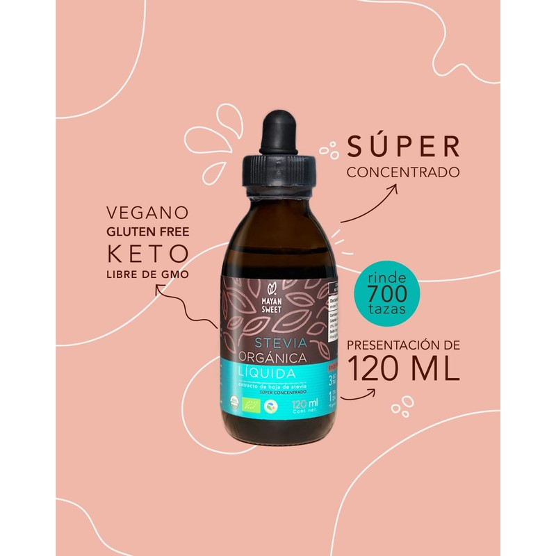 Stevia Orgánica Líquida, 120 ml, Rinde 700 tazas, Mayan Sweet