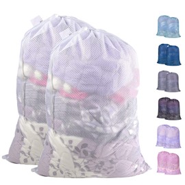 Polecasa Diamond Mesh Laundry Bags, 2Pcs 24 x 36 inches Heavy Duty Mesh Laundry Bag with ID Tag and Drawstring Closure, Large Laundry Hamper Liner, Laundry Bag for Travel, Sports, Dorms (White)