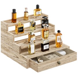 D.S.Exthefic 4 Tier Cologne Organizer for Men, Wooden Stand Rack Display Shelf with Drawer Storage, Large Capacity Perfume Holder for Man, Log Color
