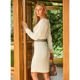 Dokotoo Plus Size Sweater Dress for Women Casual Batwing Long Sleeve Short Sweater Dresses Fall 2024 Crew Neck Stretchy Knit Textured Solid Long Pullover Jumper X-Large Beige