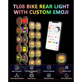TOWILD TL08 Bike Rear Light with Expression DIY Function,Gradient Color Bike Tail Light Team Synchronization Brake Sense ON/OFF Bicycle Back Light USB-C Charging Taillight,30HR Runtime (TL08)