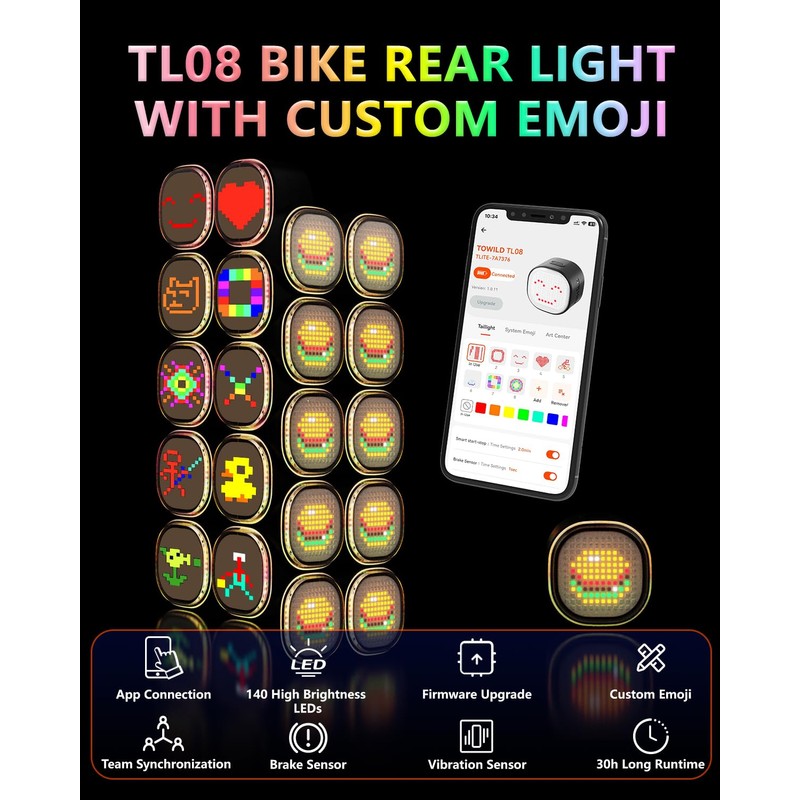 TOWILD TL08 Bike Rear Light with Expression DIY Function,Gradient Color