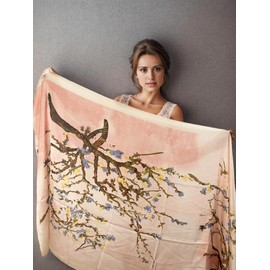 LA FERANI Designer Silk Scarf Summer Neckerchief Pink Van Gogh Style Chiffon Scarf Women's Wrap Scarf Lightweight Summer 180 x 90 cm Stole Silk Scarf Gift for Her, Model 6