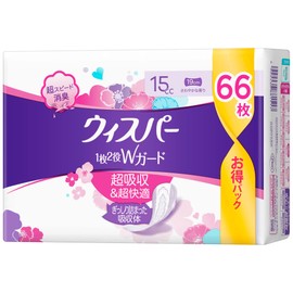 Whisper 2-in-1 W Guard, 5.9 fl oz (15 cc), 7.5 inches (19 cm), 66 Pieces, Large Capacity (Panty Liner, Absorbent Care, Urine Spill Pad)