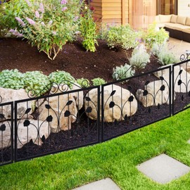 GarveeLife 4 Pack Decorative Garden Fence, 23.6" Rustproof Metal Wire Panels, Garden Edging Border with Ground Stakes, Animal Barrier Fence for Rabbit, Flower Bed, Patio, Yard, Black, Flower Style